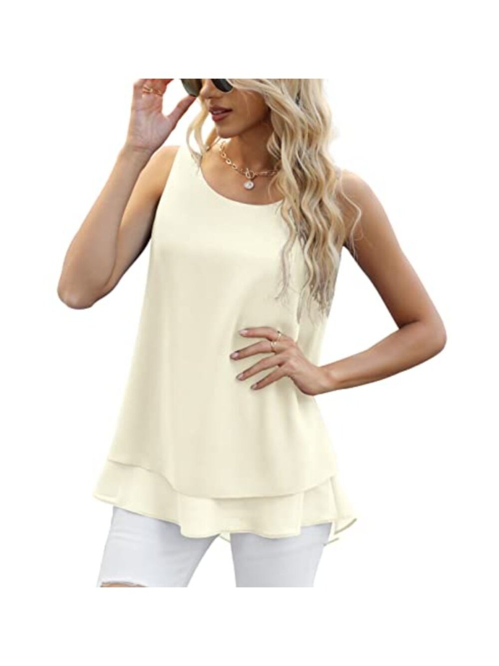 Women's Sleeveless Chiffon Tank Top - Flowy Loose Blouse, Round Neck, Summer